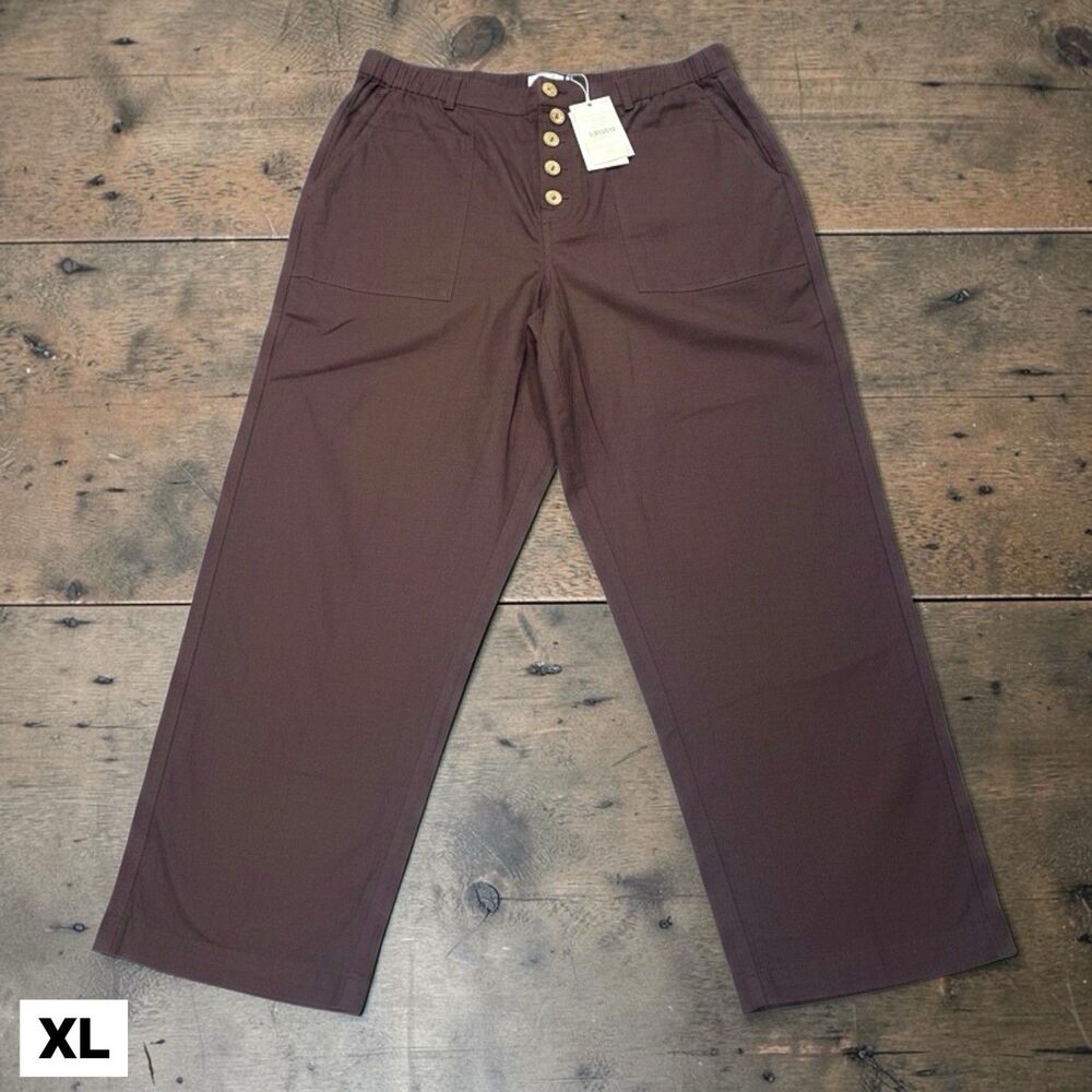 Lintico 100% Linen Button Wide Leg Pants XL 36" Boho Beach Travel Brown Elastic